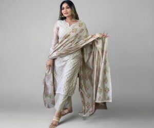 Women's Cotton Blend Embroidered Straight Kurta with Pant & Dupatta