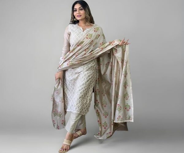 Women's Cotton Blend Embroidered Straight Kurta with Pant & Dupatta